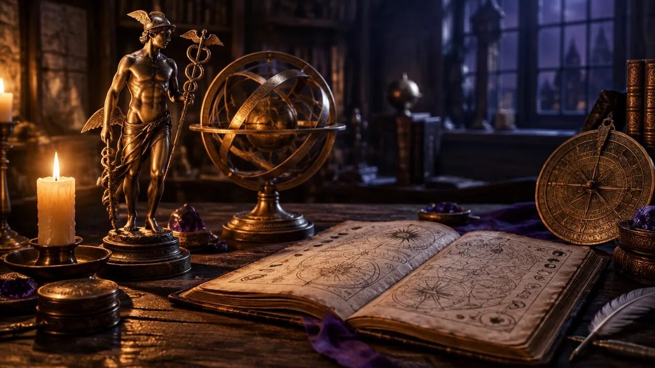 Manuscrito antigo, esfera armilar e objetos simbólicos sobre uma mesa, evocando o estudo do hermetismo