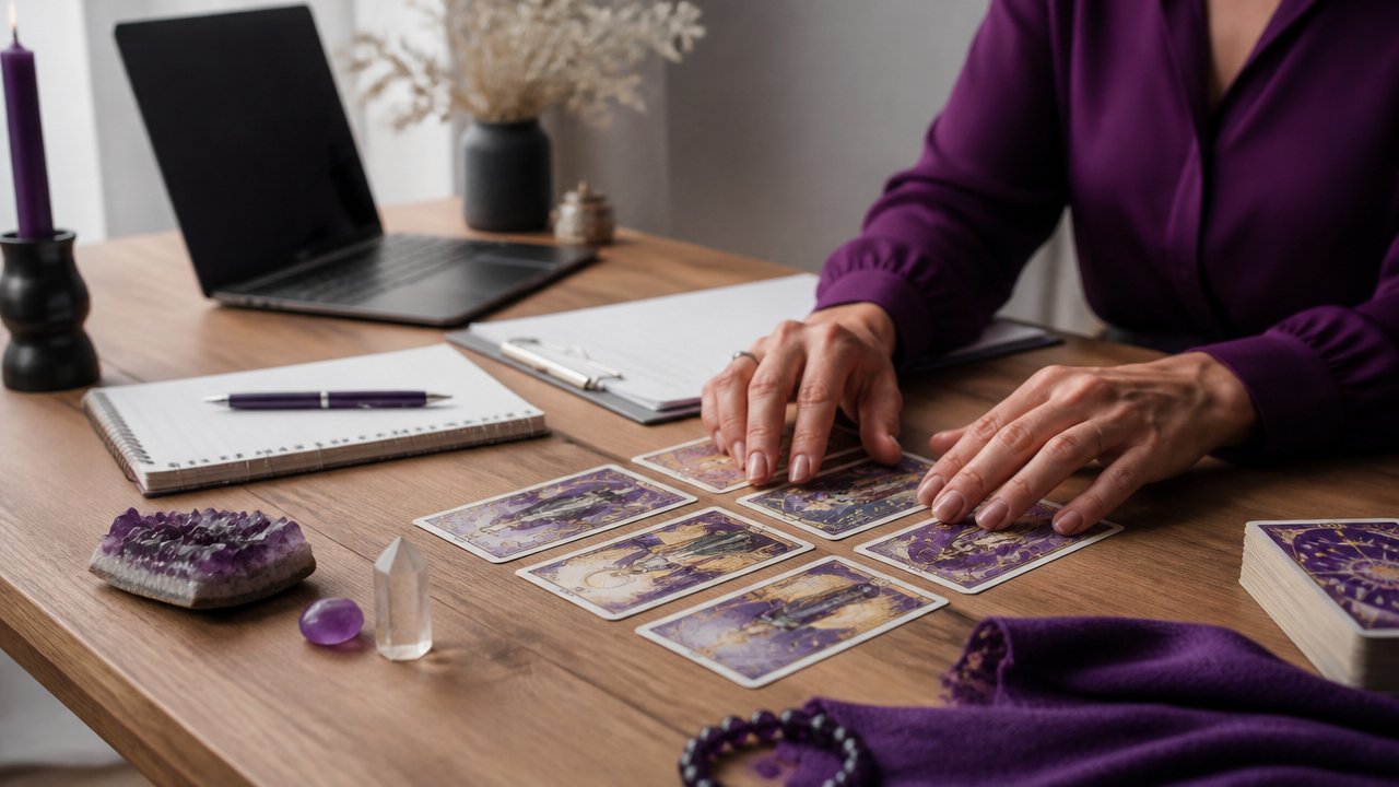 Mãos analisando cartas de tarot sobre uma mesa de trabalho com caderno e elementos discretos de escritório