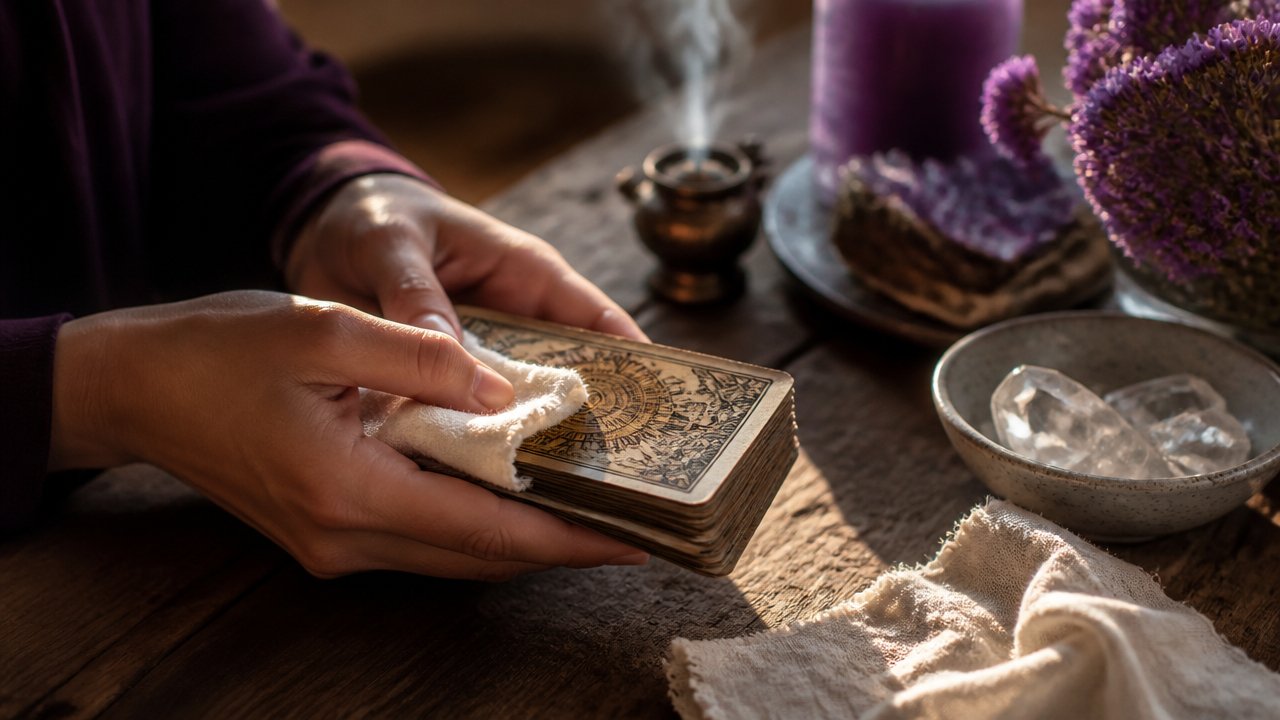 Mãos limpando delicadamente um baralho de tarot antigo sobre uma mesa espiritual organizada