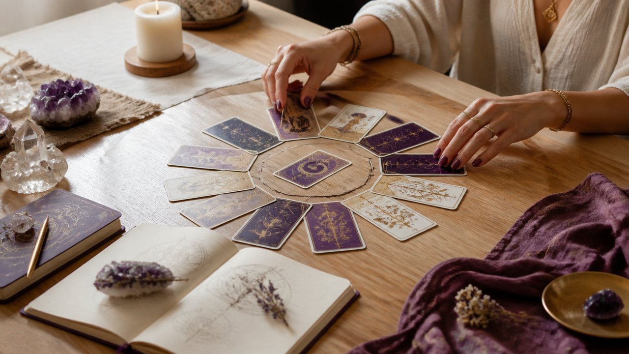 Mãos organizando cartas de tarô sobre uma mesa para mapear ciclos emocionais.