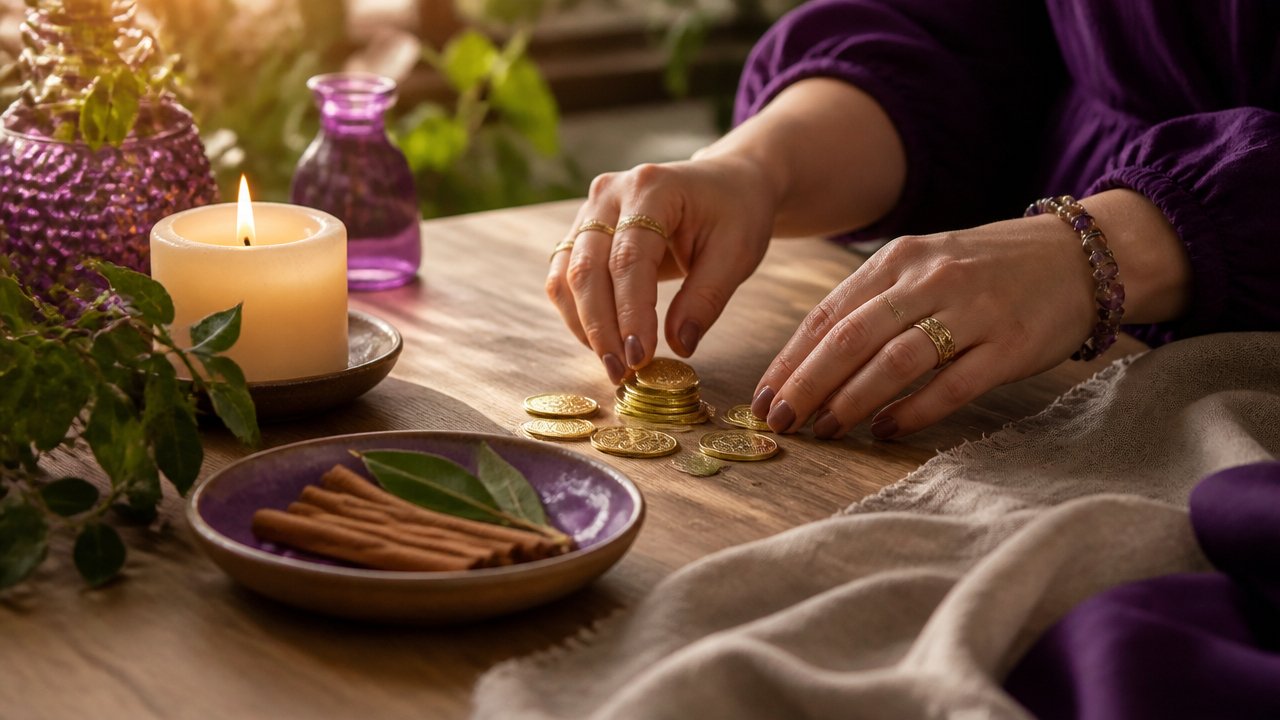 Mãos organizando moedas ao lado de vela e elementos espirituais sobre uma mesa, simbolizando prosperidade.