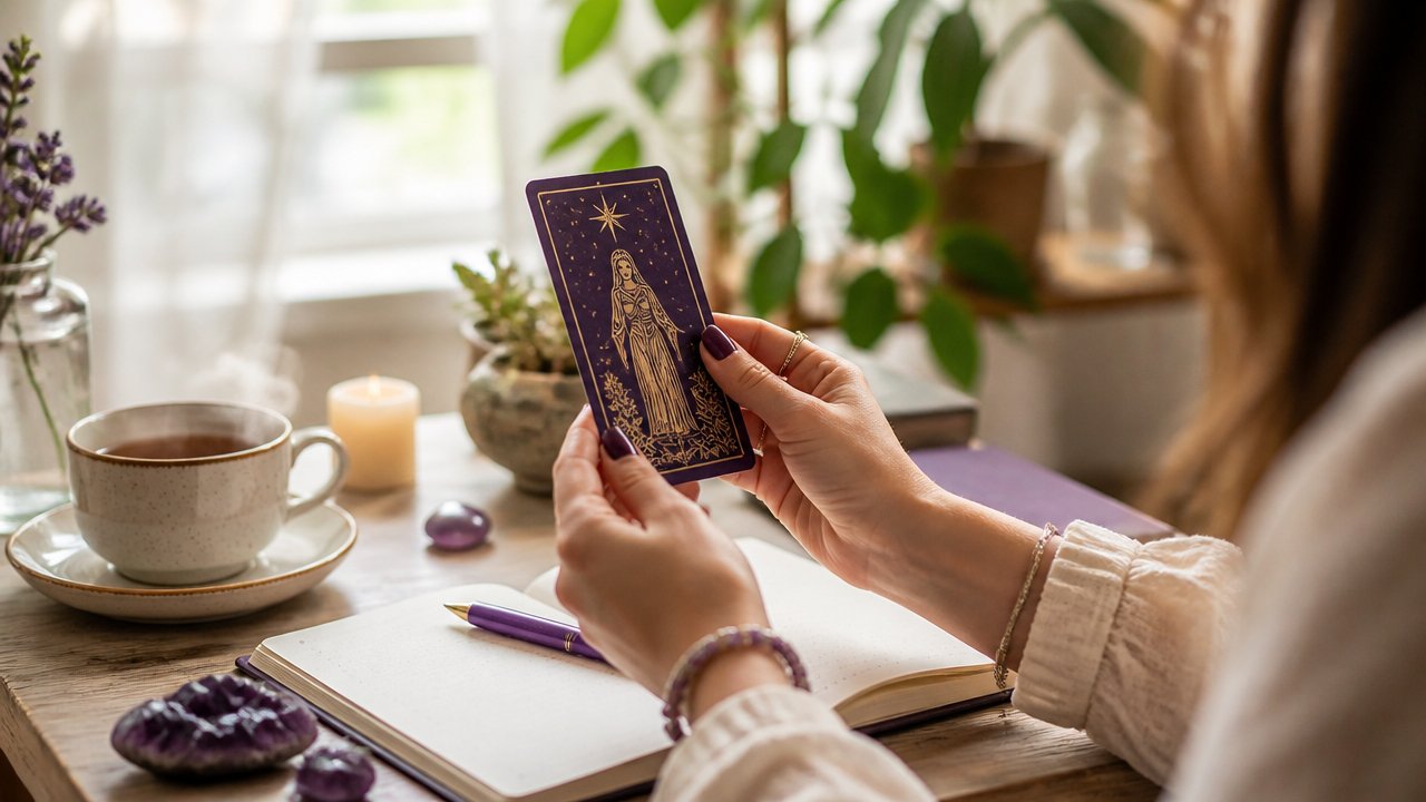 Mãos segurando uma carta de tarot durante uma rotina matinal com chá e caderno sobre a mesa