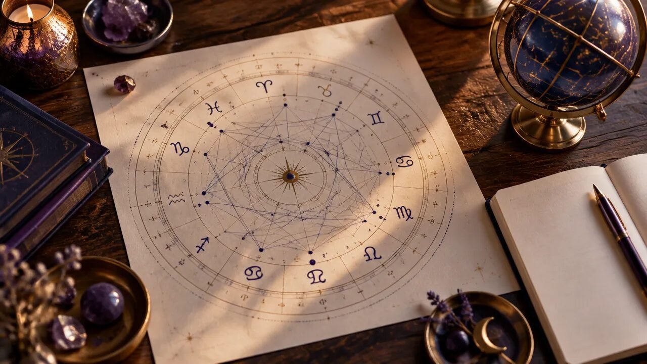 Mapa astral circular sobre uma mesa com caderno e globo celeste, em uma cena contemplativa sobre astrologia kármica