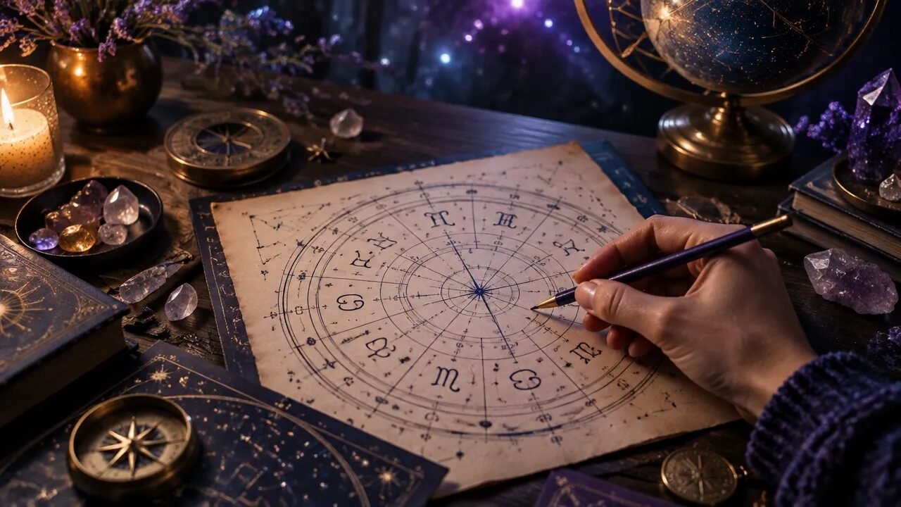 Mapa astral simbólico sobre uma mesa, representando a astrologia esotérica e o autoconhecimento espiritual
