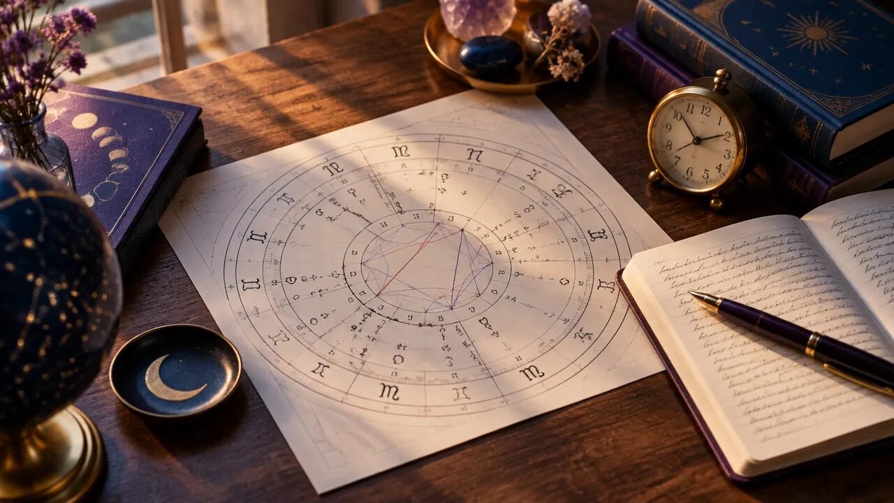 Mapa astrológico horário sobre uma mesa de estudo com caderno e relógio