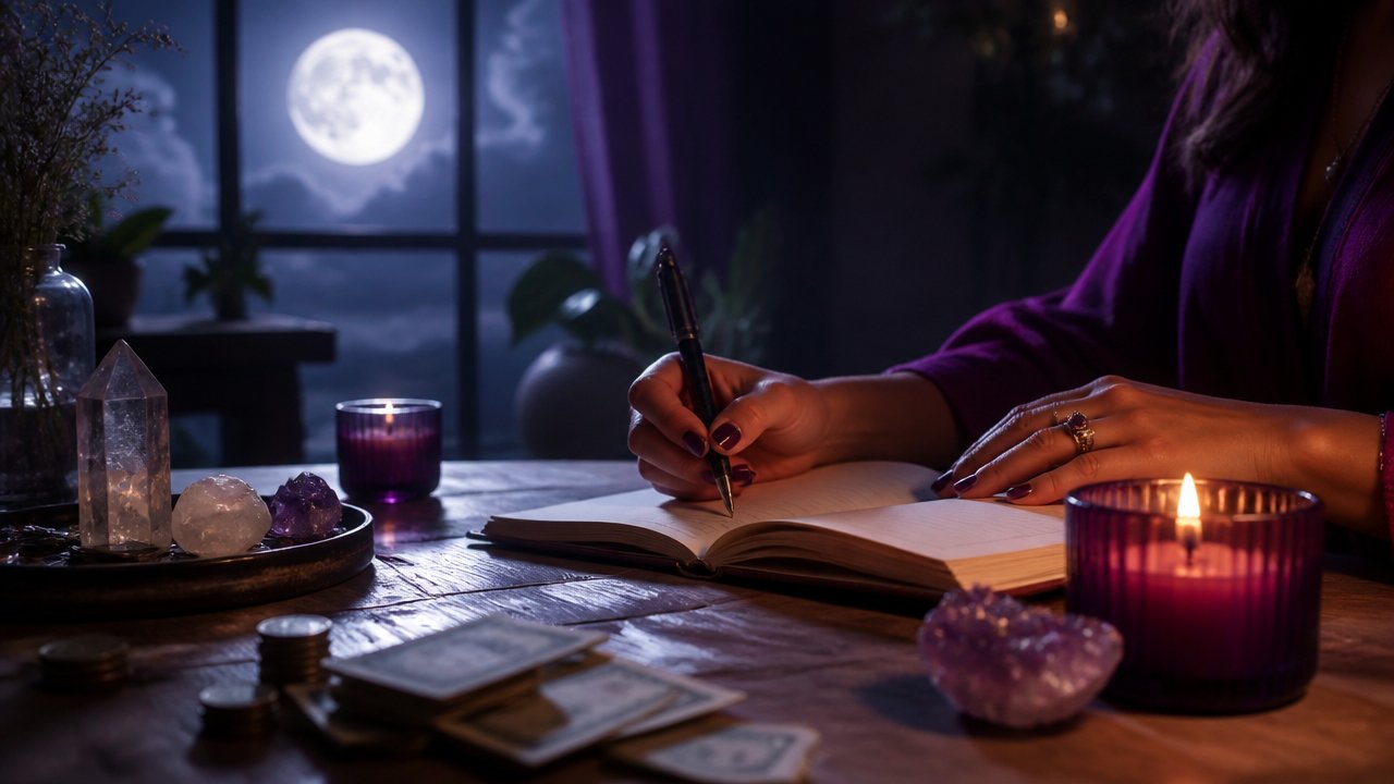 Mesa com caderno, vela e cristais iluminados pela lua cheia, simbolizando mudança de padrões financeiros.