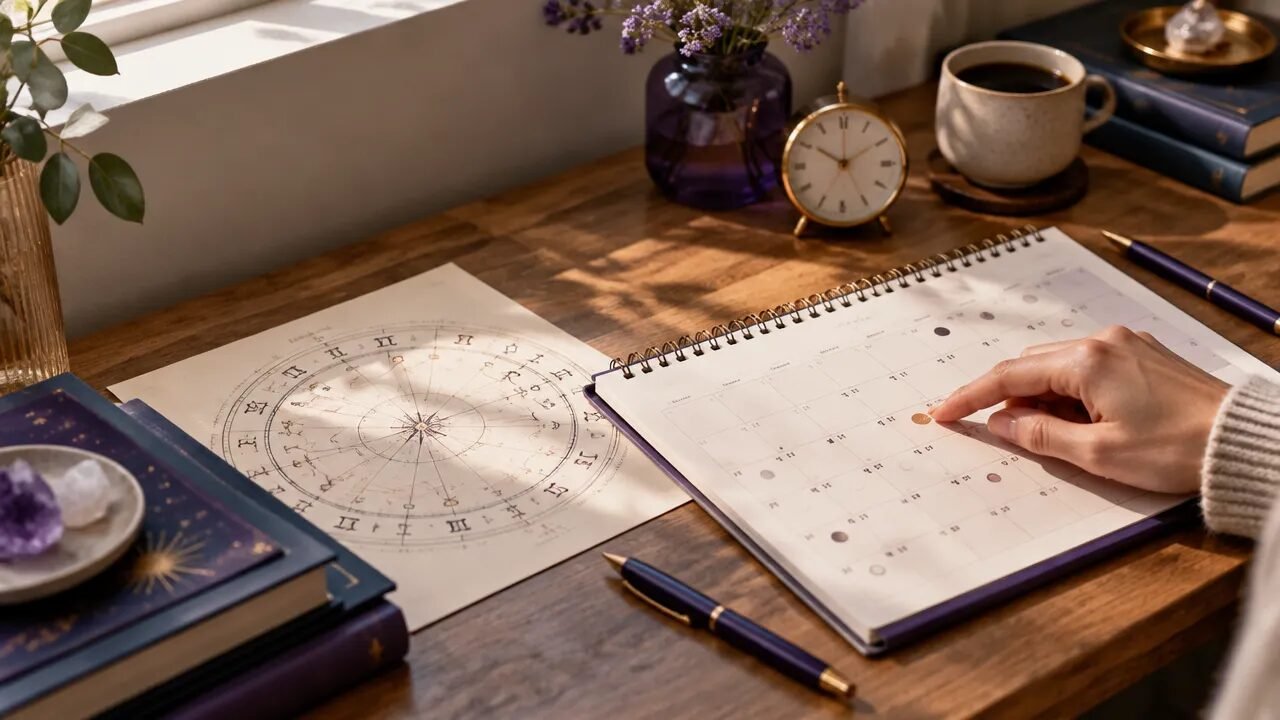 Mesa com calendário e mapa astrológico usados para refletir sobre a escolha do momento de iniciar um projeto
