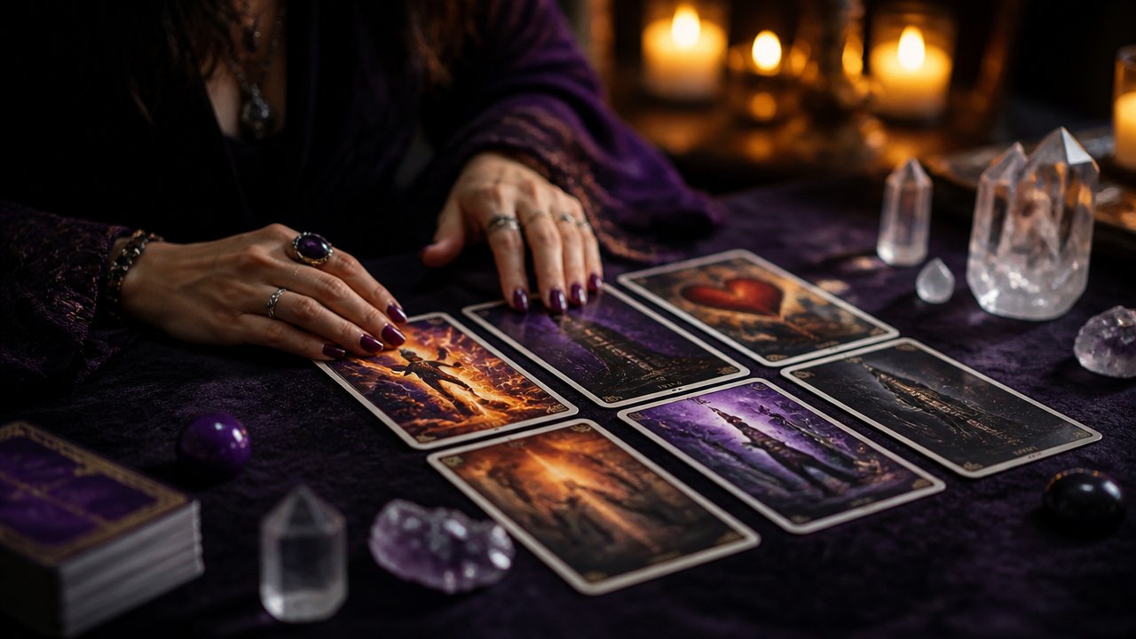 Mesa com cartas de tarot abertas, velas e cristais, em clima místico e acolhedor