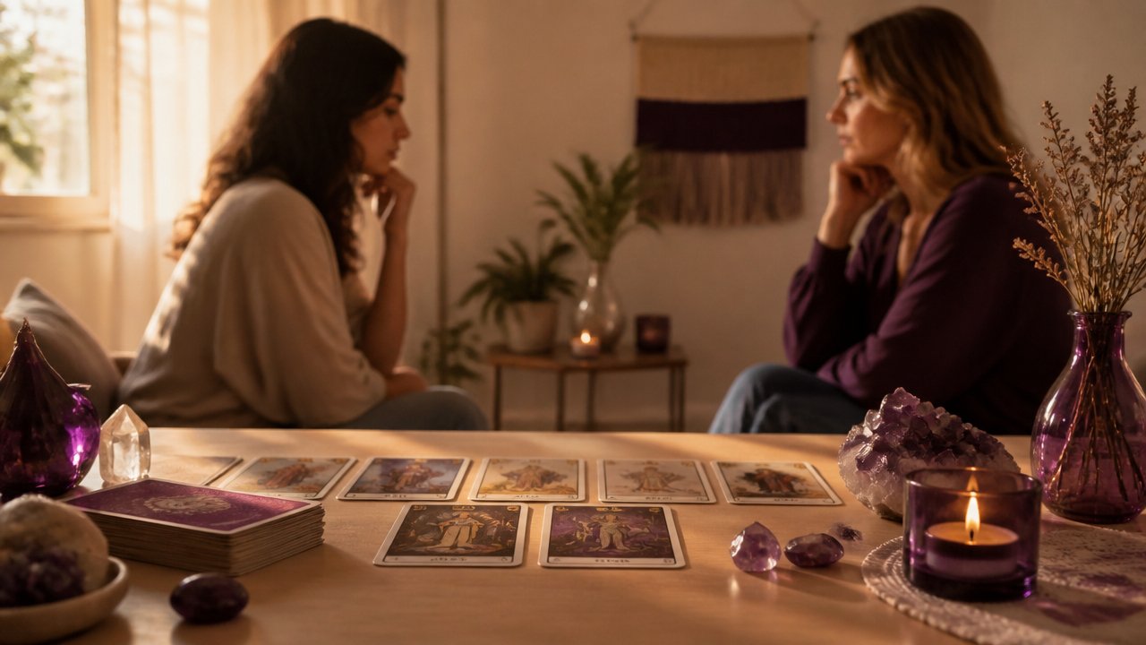Mesa com cartas de tarot e duas amigas distantes ao fundo, simbolizando reflexão sobre uma amizade desgastada