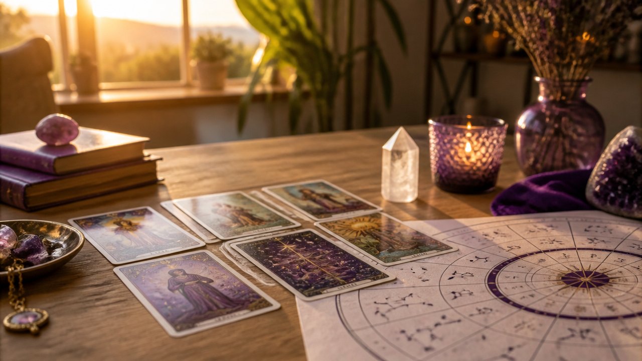 Mesa com cartas de tarot, mapa astral e vela em ambiente iluminado, representando mudanças guiadas pelo ciclo solar