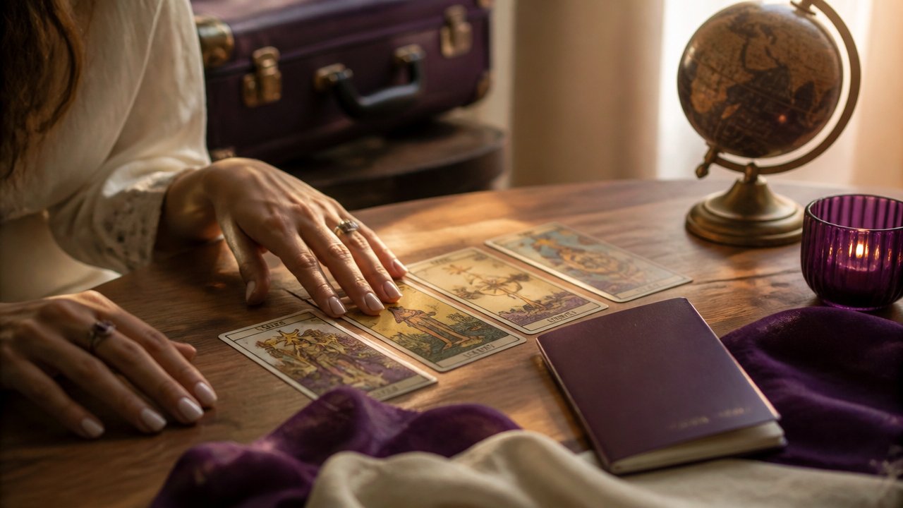 Mesa com cartas de tarot, passaporte e mala sugerindo uma mudança de país com reflexão espiritual