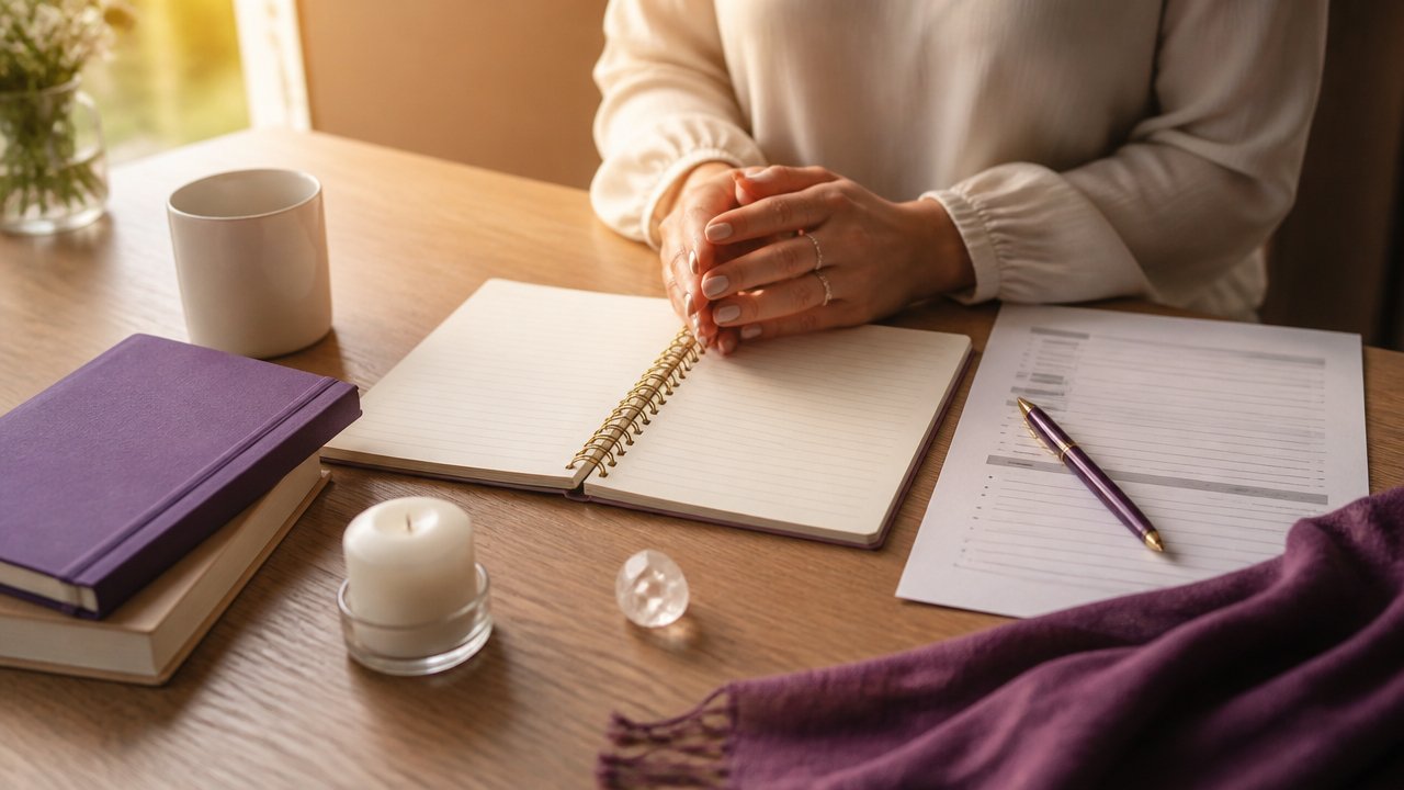 Mesa com currículo, caderno, vela branca e cristal em ritual de concentração para aprovação em processos seletivos
