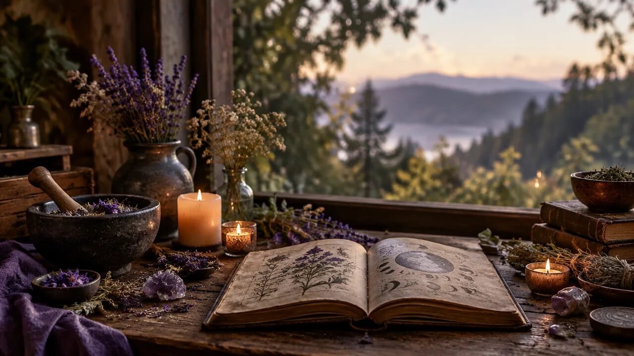 Mesa com livro antigo, velas e ervas diante de uma janela com árvores, evocando a história e as práticas de bruxaria