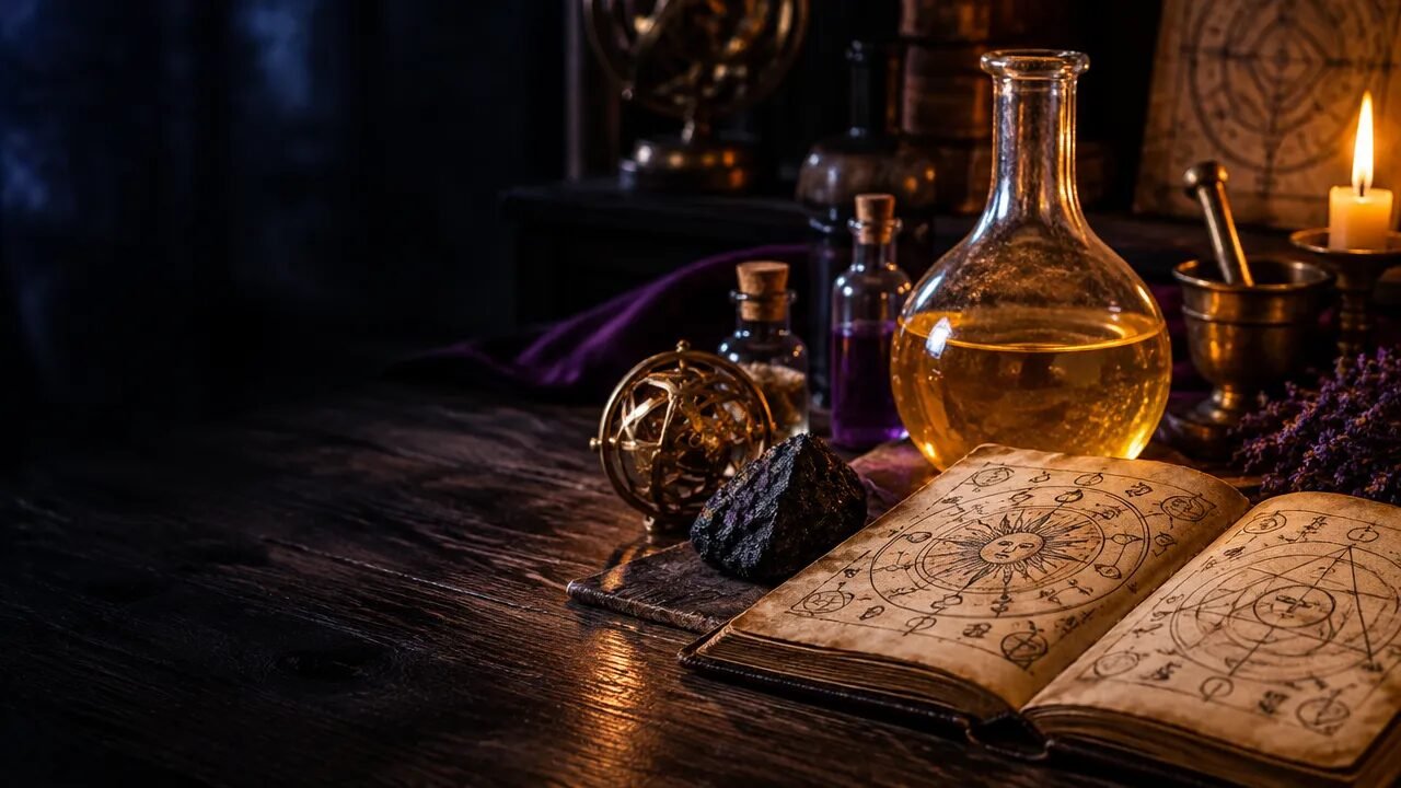 Mesa com manuscrito, frascos de vidro e símbolos alquímicos em uma cena histórica e contemplativa
