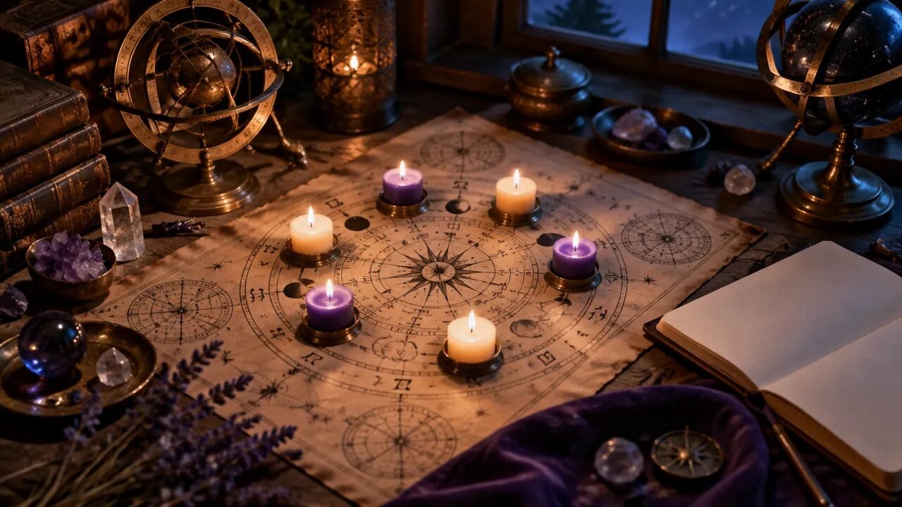 Mesa com mapa celeste, sete velas e instrumentos simbólicos para representar a magia planetária