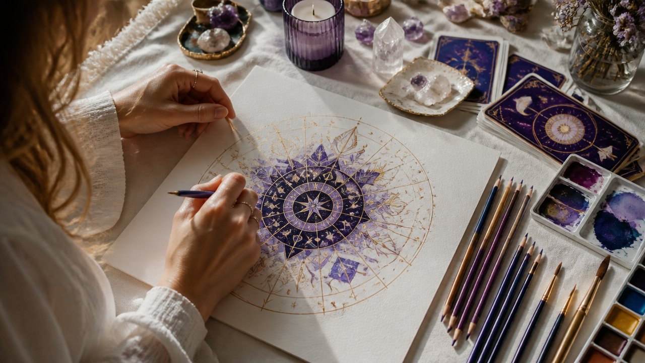 Mesa de criação com mandala inspirada no tarot sendo desenhada à mão