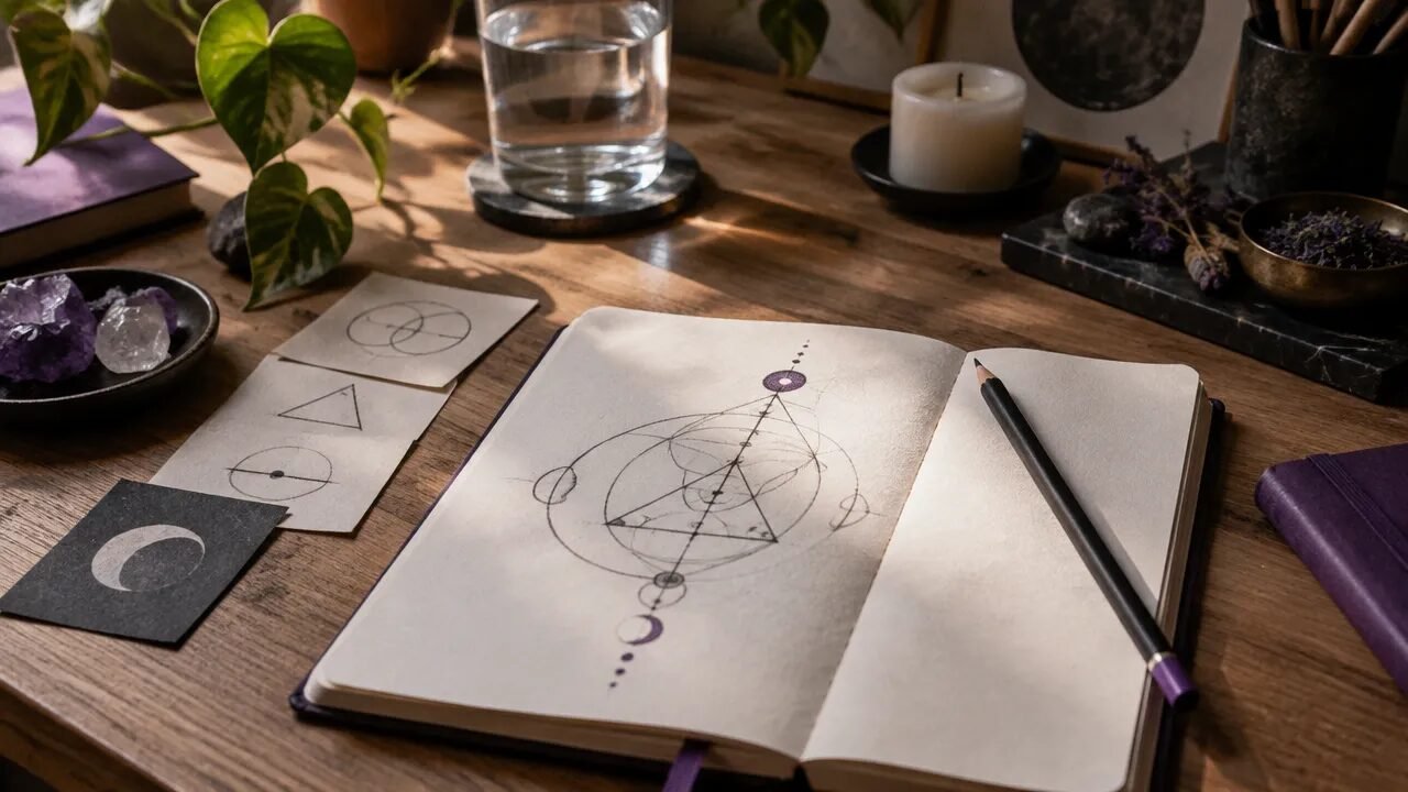 Mesa de estudo com caderno e símbolo abstrato desenhado, representando uma abordagem reflexiva da magia do caos