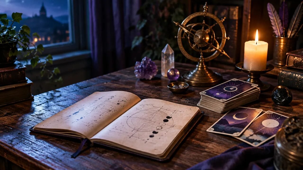 Mesa de estudo com cartas de tarot, caderno, astrolábio, vela e cristais, representando a investigação de práticas esotéricas