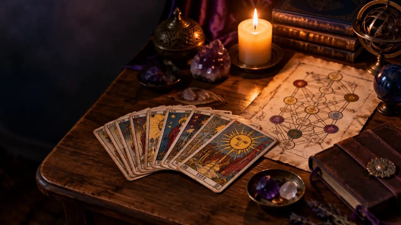 Mesa de estudo com cartas de tarot e um diagrama simbólico da Árvore da Vida