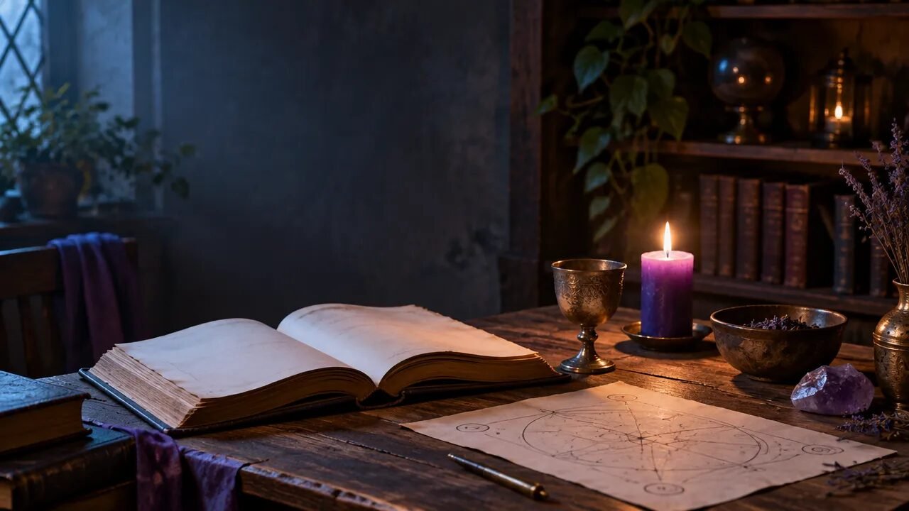 Mesa de estudo com livro, vela e instrumentos simbólicos associados à magia cerimonial