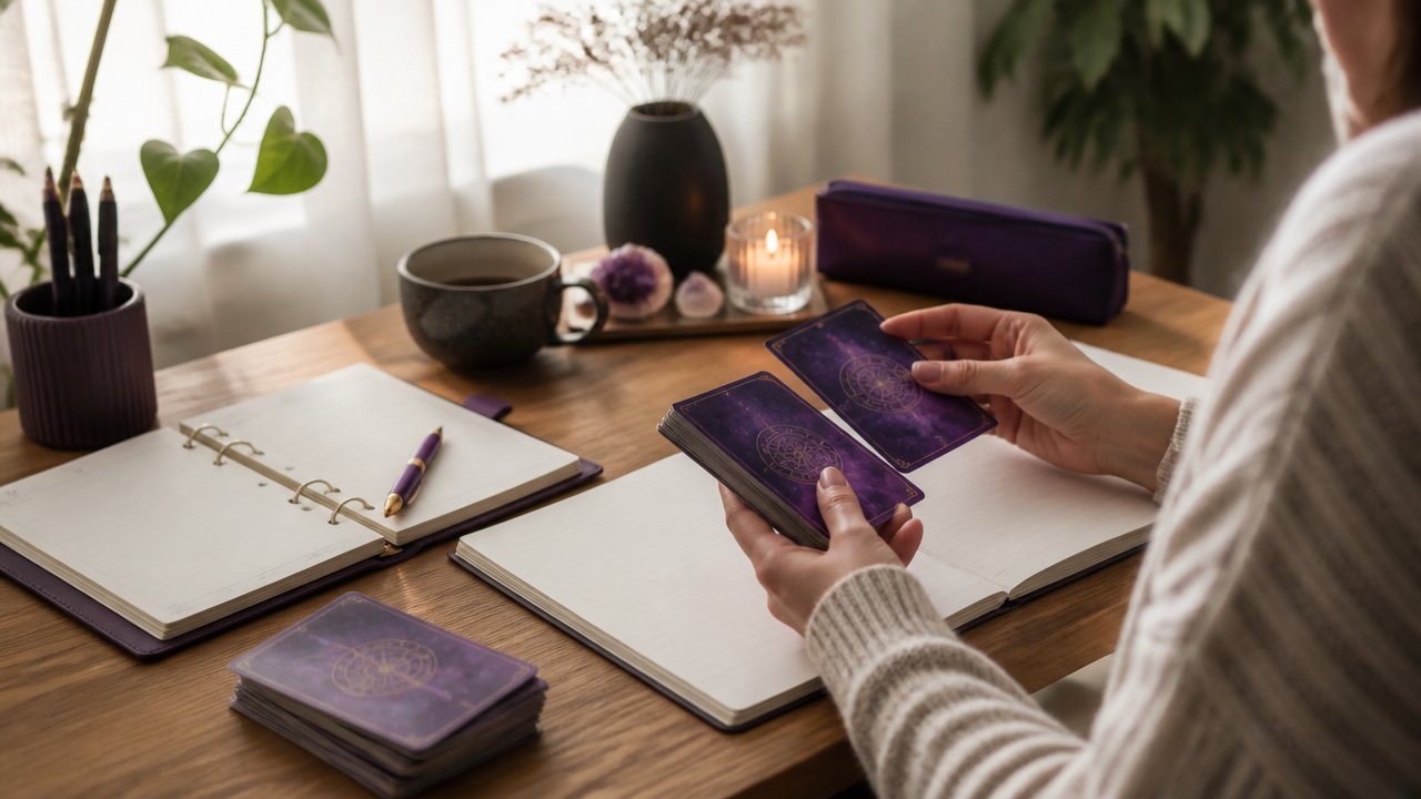 Mesa de estudos com planner, caderno e cartas sendo usadas para organizar prioridades do dia