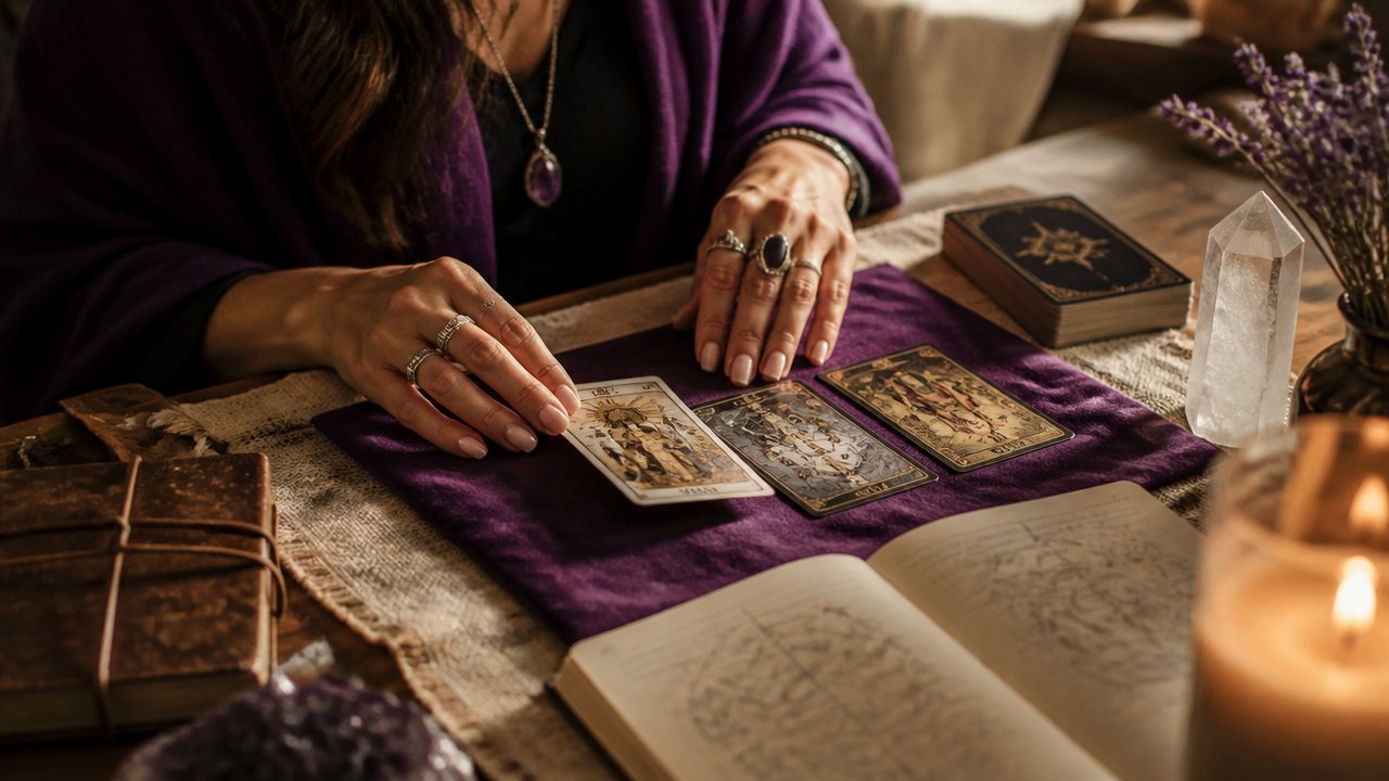 Mesa de leitura com cartas de tarot, mãos abrindo a tiragem e elementos de autoconhecimento em ambiente acolhedor
