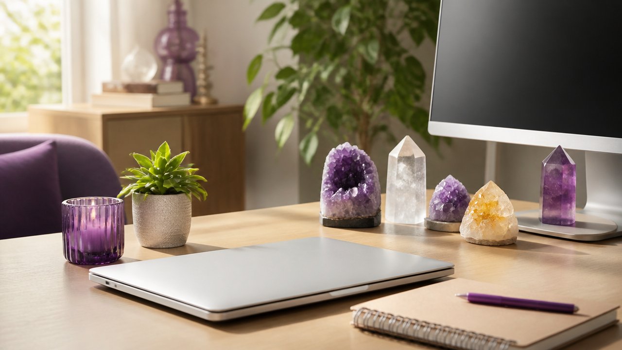 Mesa de trabalho organizada com cristais, planta e luz natural em ambiente harmonizado