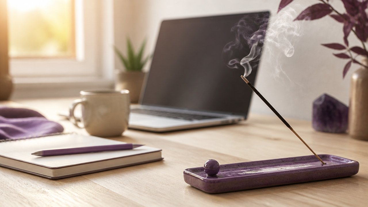 Mesa de trabalho organizada com incenso aceso e atmosfera de foco e motivação.