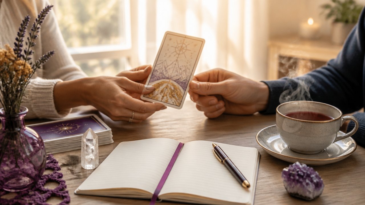 Mesa iluminada pela manhã com cartas de tarot, caderno de metas e xícara de chá em um ritual de planejamento pessoal