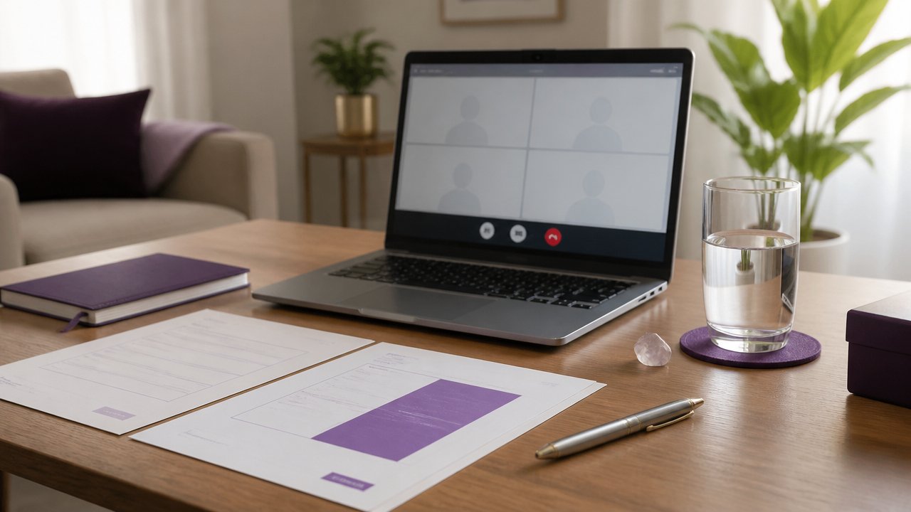 Mesa organizada com documentos, notebook e cristal para preparação de uma audiência online