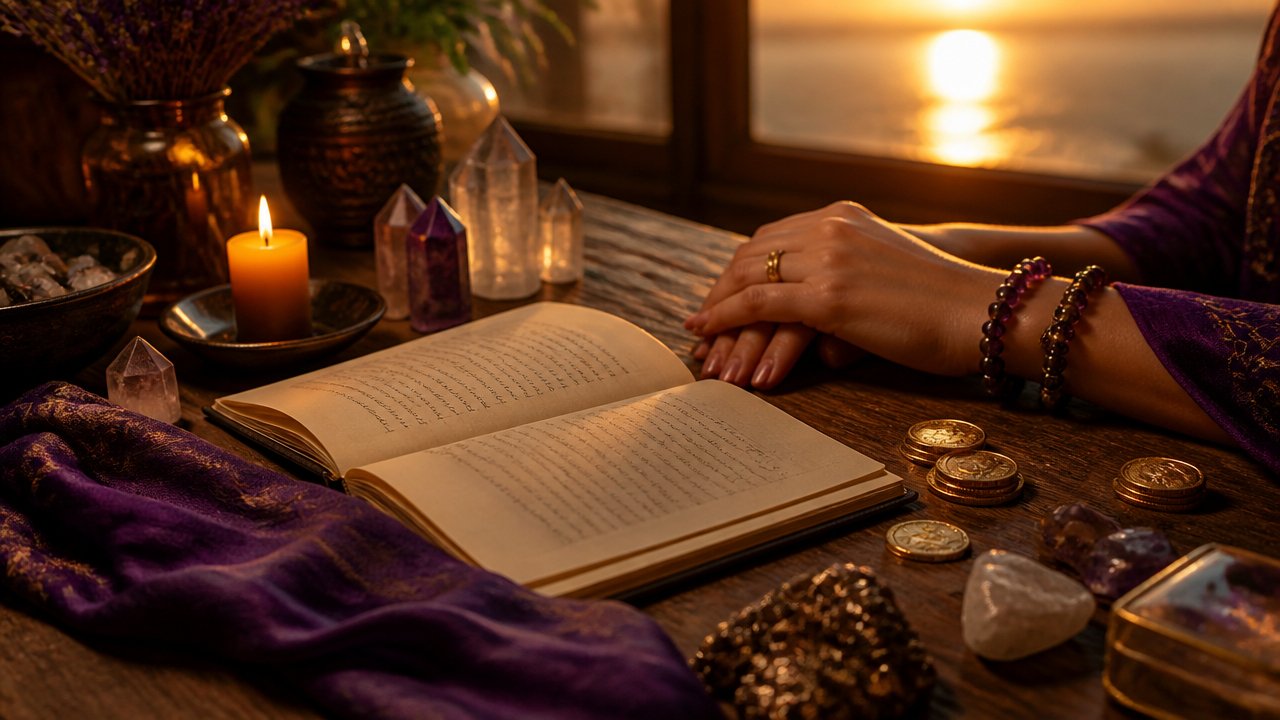 Mesa ritualística com vela, cristais, moedas e luz de eclipse solar ao fundo, simbolizando prosperidade espiritual
