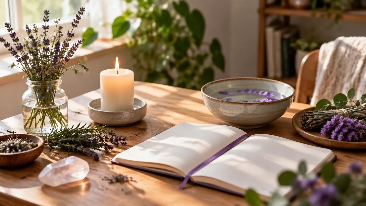 Mesa tranquila com vela, ervas, caderno e luz natural, evocando uma prática espiritual consciente