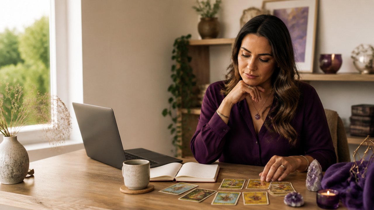 Mulher analisando cartas de tarot e planejando mudança de carreira em um home office acolhedor