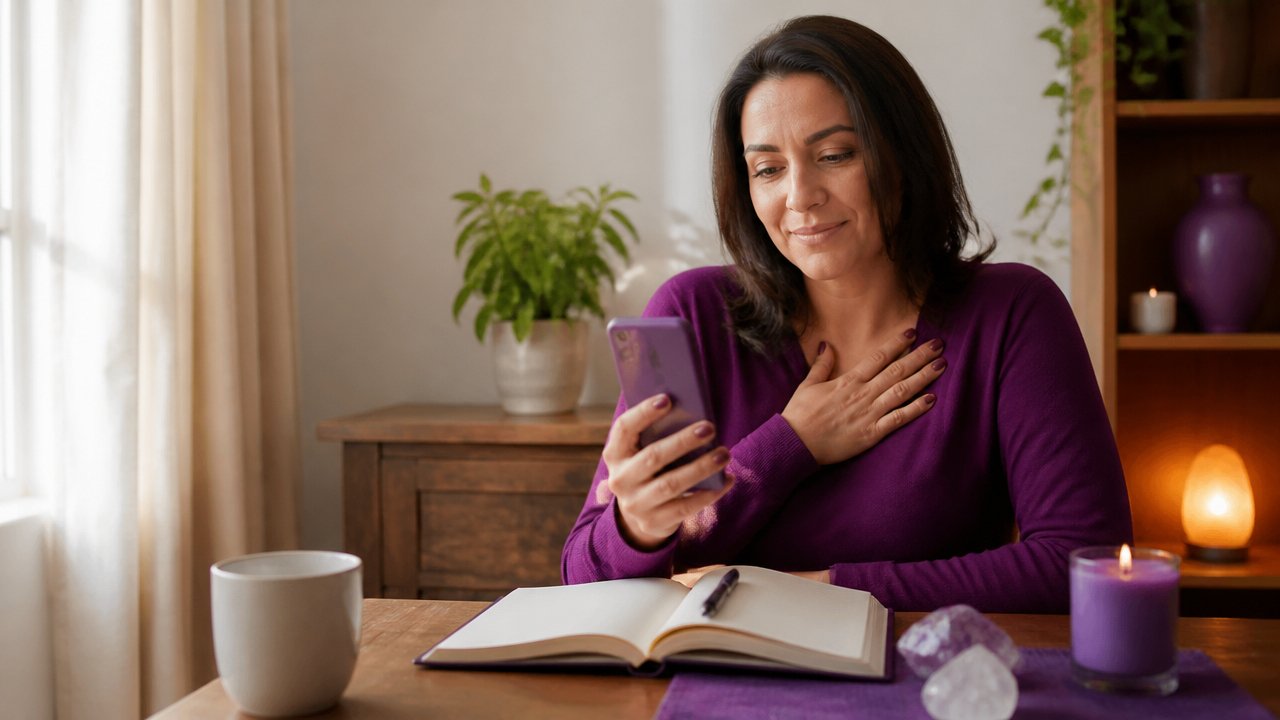 Mulher em casa fazendo uma consulta espiritual online pelo celular, com expressão serena e caderno sobre a mesa
