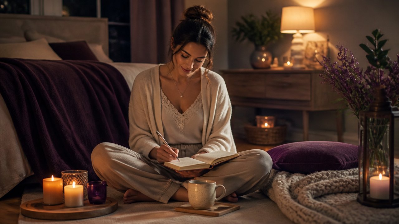 Mulher em noite de autocuidado, com velas, chá e caderno em ambiente acolhedor