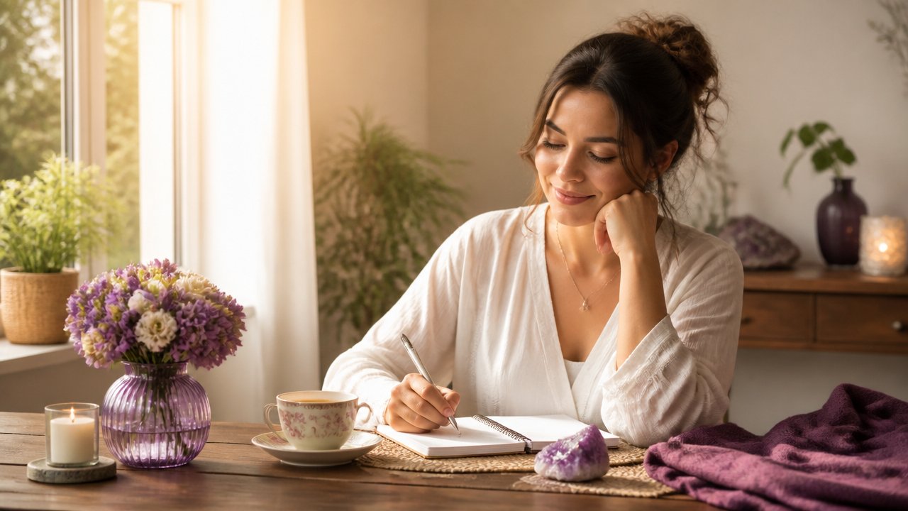 Mulher em preparação energética para iniciar um curso, com mesa de estudos, caderno, cristal e luz suave pela janela