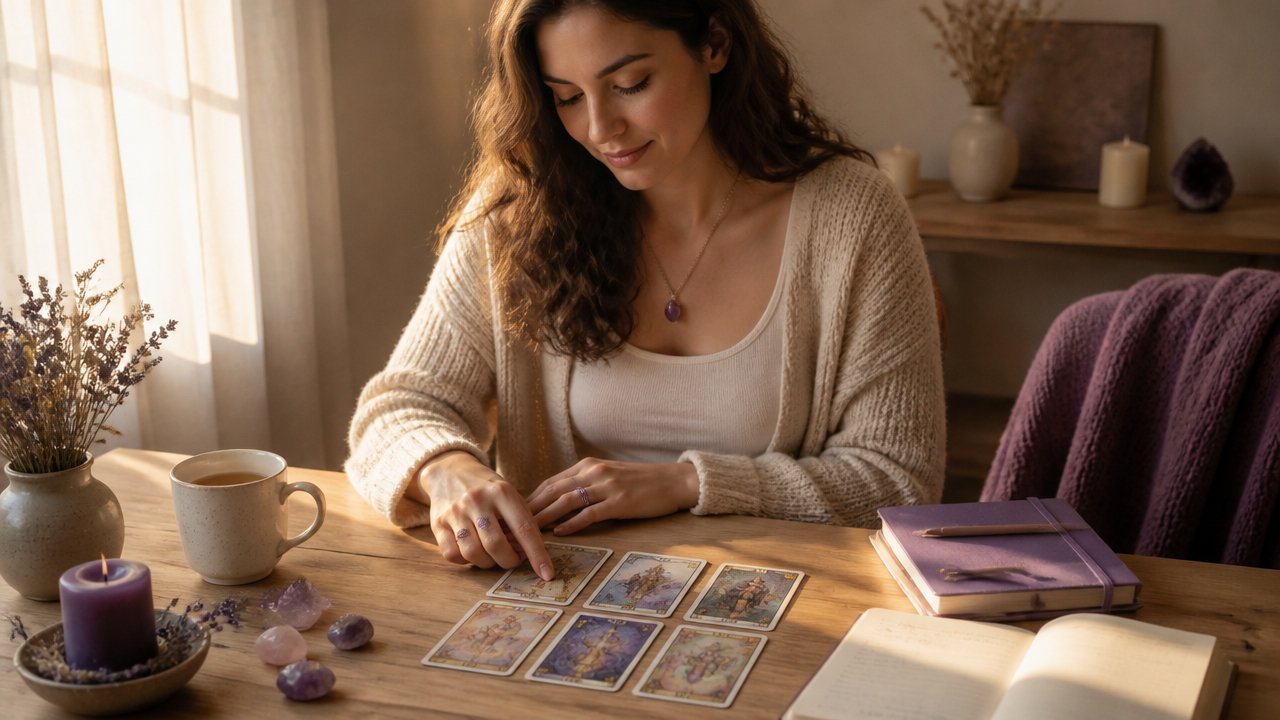 Mulher fazendo uma leitura de tarot em ambiente acolhedor, com cartas, chá e caderno de anotações.