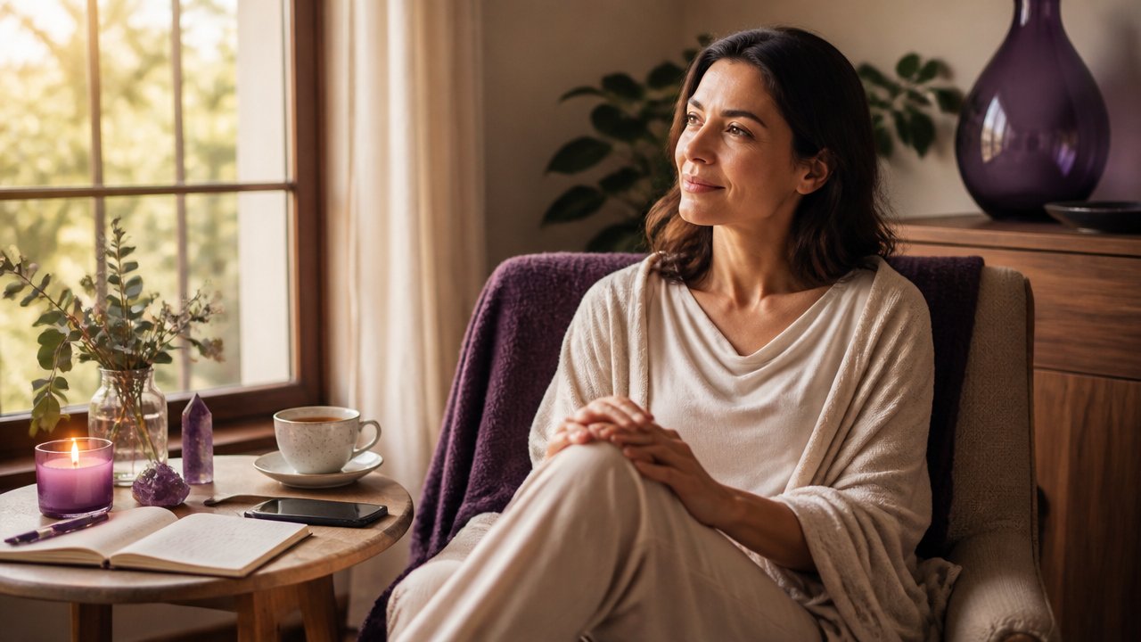 Mulher relaxando longe do celular em um ambiente acolhedor com vela e cristais