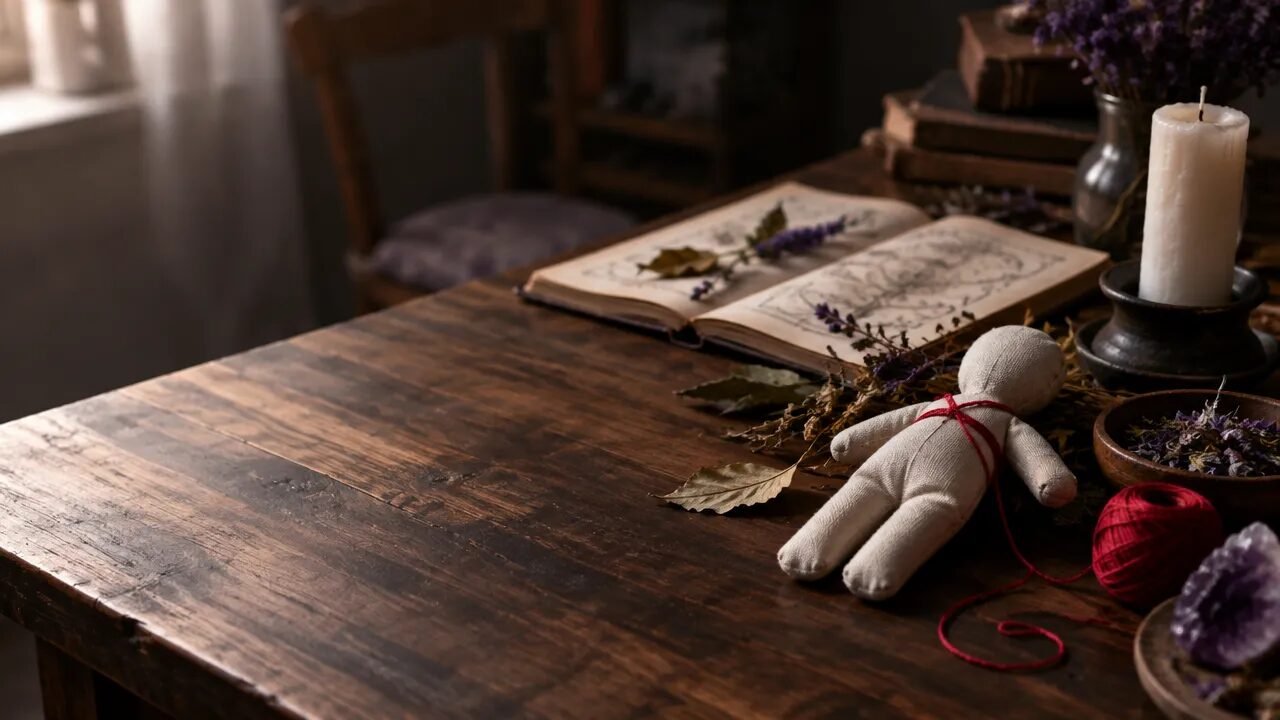 Objetos simbólicos sobre uma mesa que representam a ideia de magia simpática