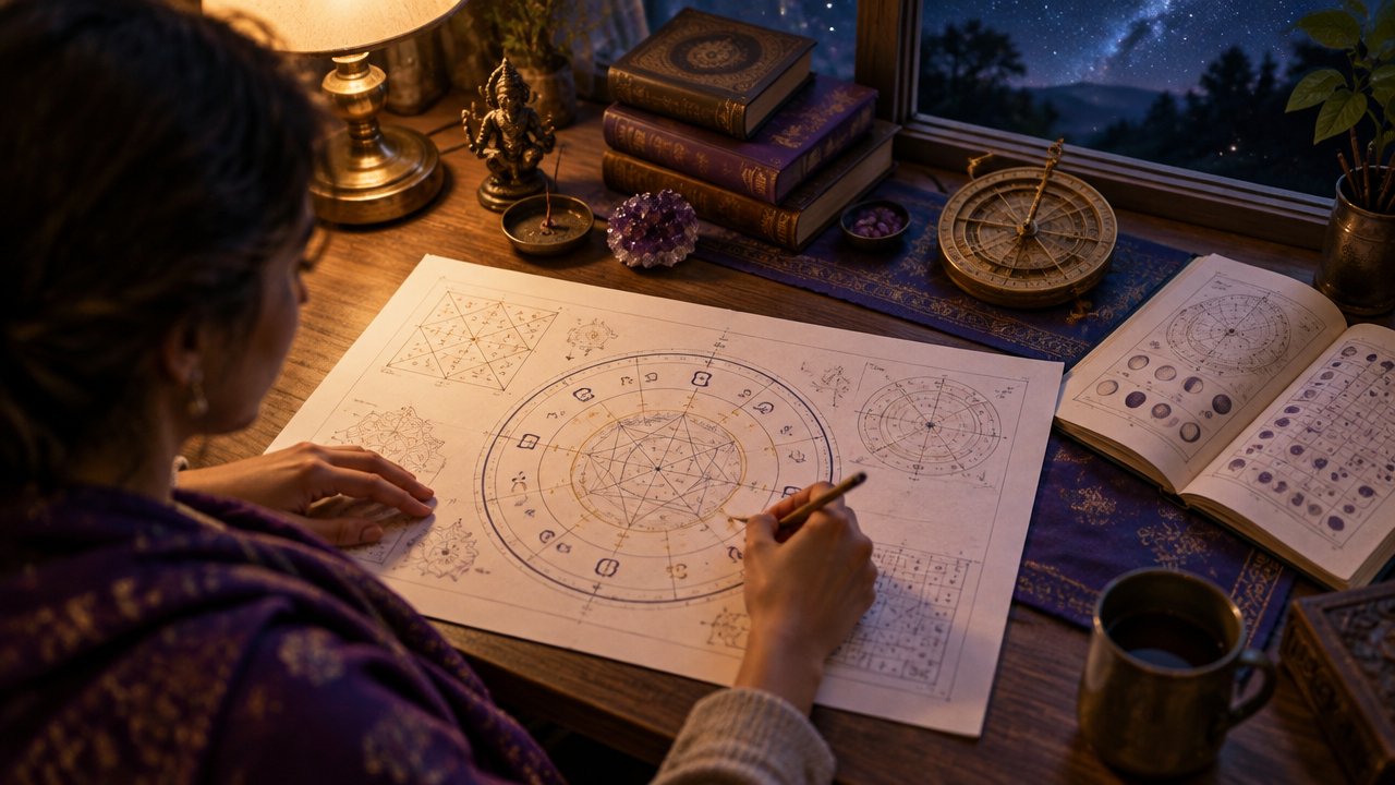 Pessoa analisando um mapa astrológico védico sobre uma mesa iluminada por luz quente