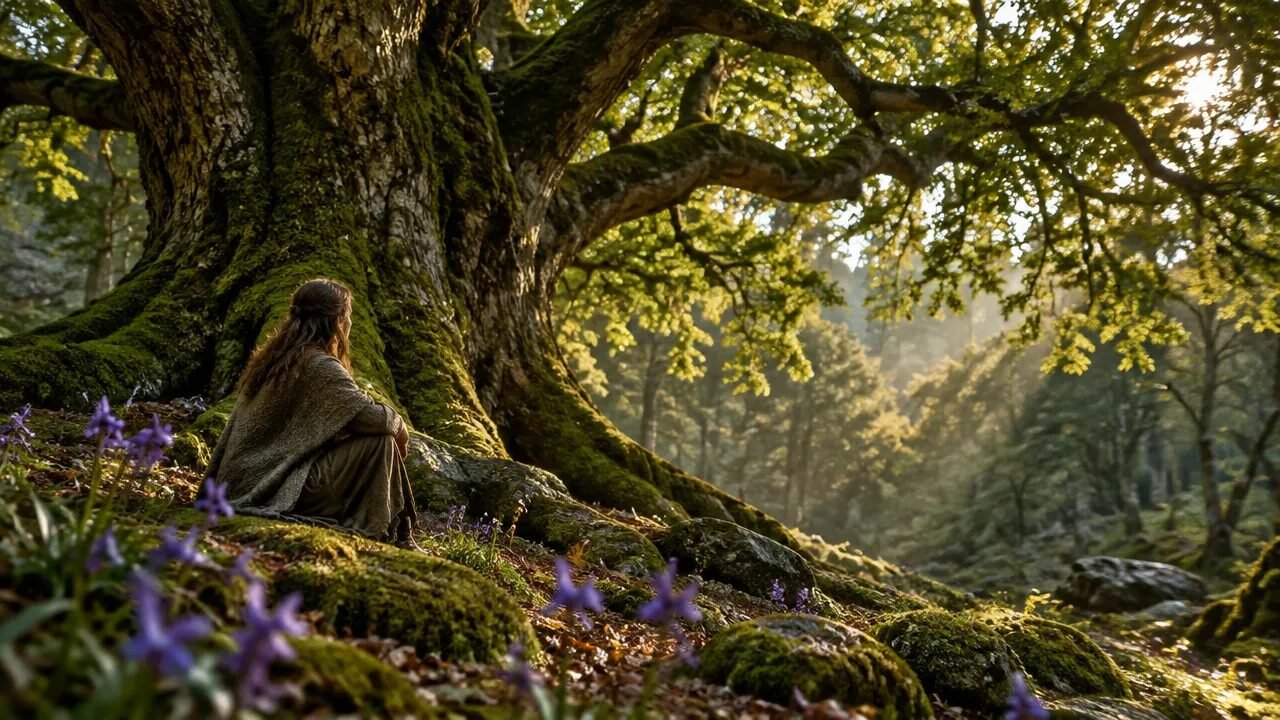 Pessoa contemplando um carvalho antigo em um bosque, imagem que representa a relação do druidismo com a natureza.