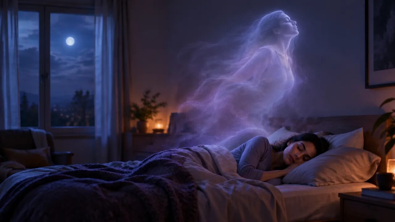 Pessoa descansando em um quarto noturno com uma silhueta luminosa sutil que simboliza uma experiência fora do corpo