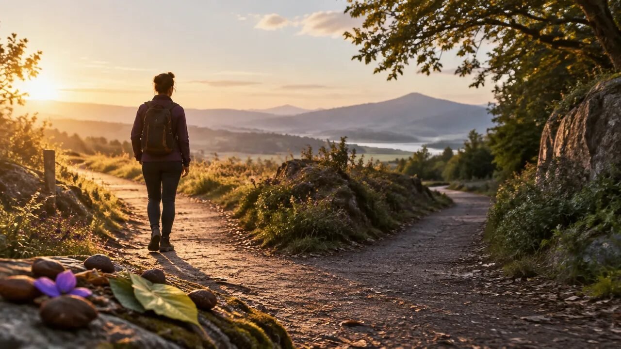 Pessoa diante de caminhos naturais que simbolizam escolhas, ações e consequências associadas ao karma