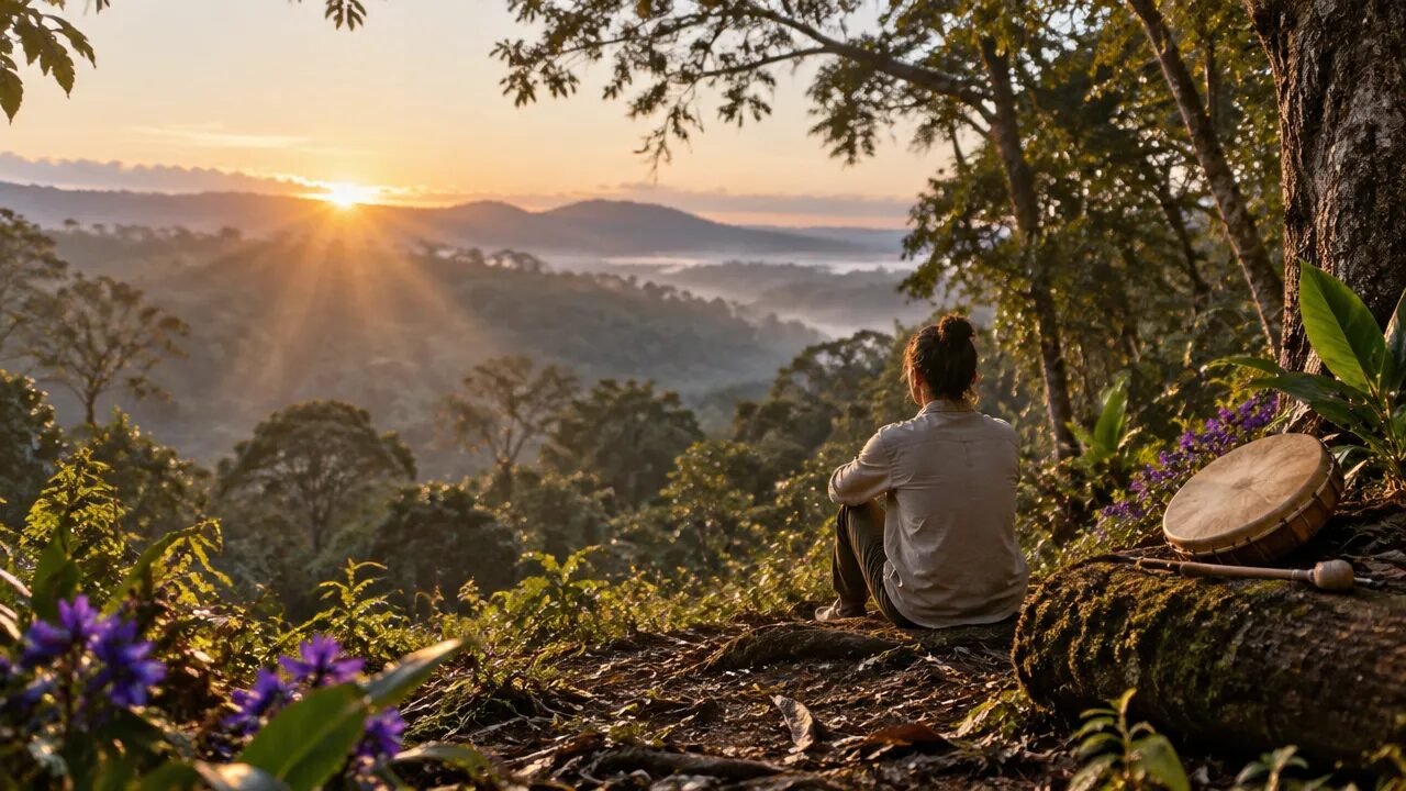 Pessoa em contemplação numa clareira de floresta, com um tambor simples ao lado, evocando práticas espirituais ligadas à natureza.