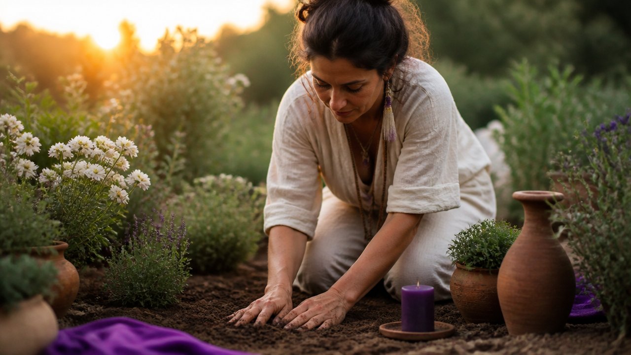 Pessoa em jardim tocando a terra com as mãos em gesto de gratidão à natureza ao amanhecer
