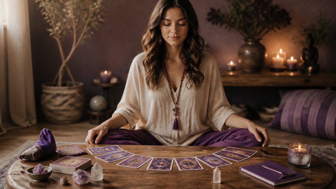 Pessoa em meditação diante de cartas de tarot e oráculos em ambiente acolhedor