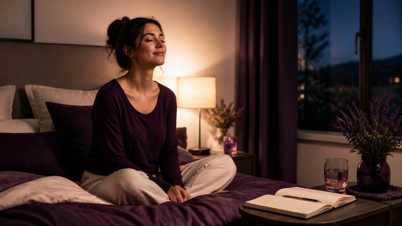 Pessoa em quarto acolhedor praticando visualização de sonhos antes de dormir com diário ao lado
