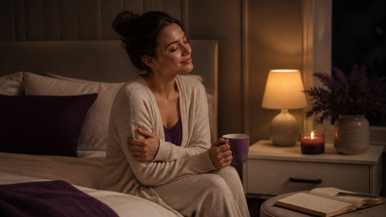 Pessoa em quarto tranquilo fazendo ritual noturno de acolhimento após uma briga familiar