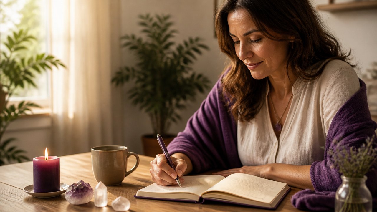Pessoa escrevendo em um caderno com vela e cristais sobre a mesa, em um momento de conexão espiritual