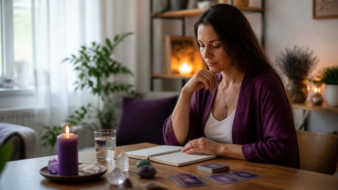 Pessoa fazendo um diagnóstico energético em casa com vela, água e anotações espirituais sobre a mesa